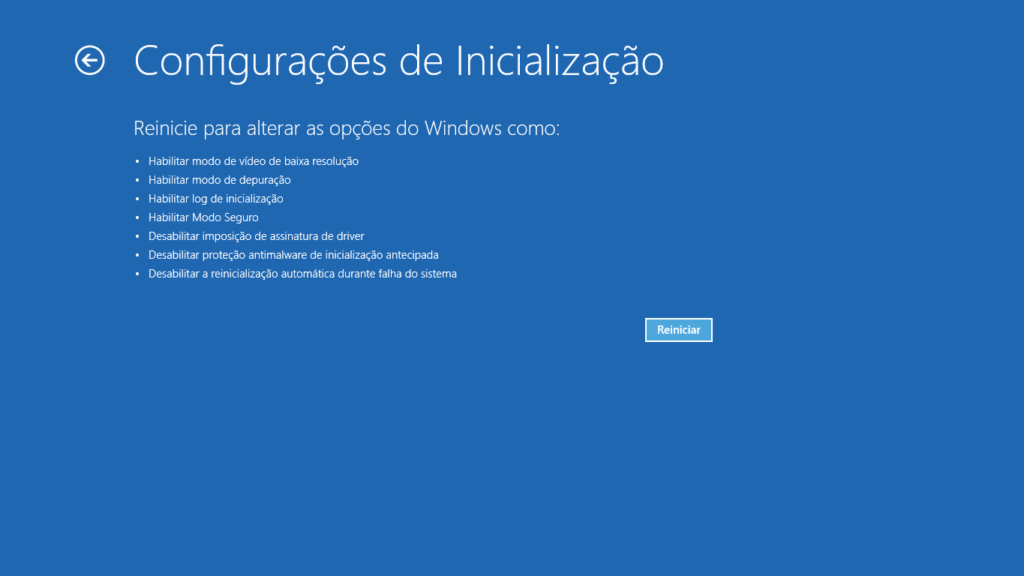 configurações de inicialização